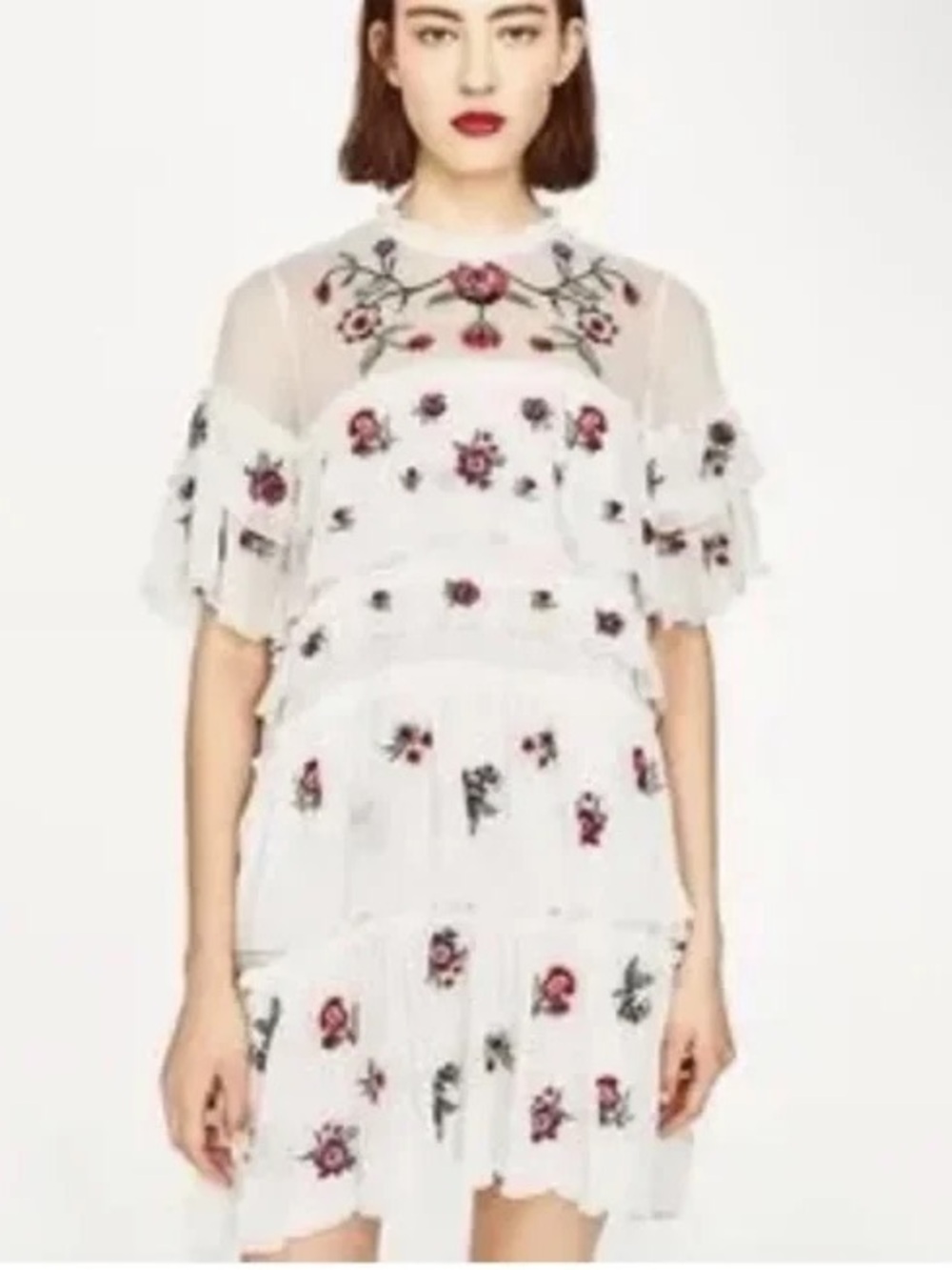 Zara Woman White Mini Dress with Multicolor Floral Embroidery